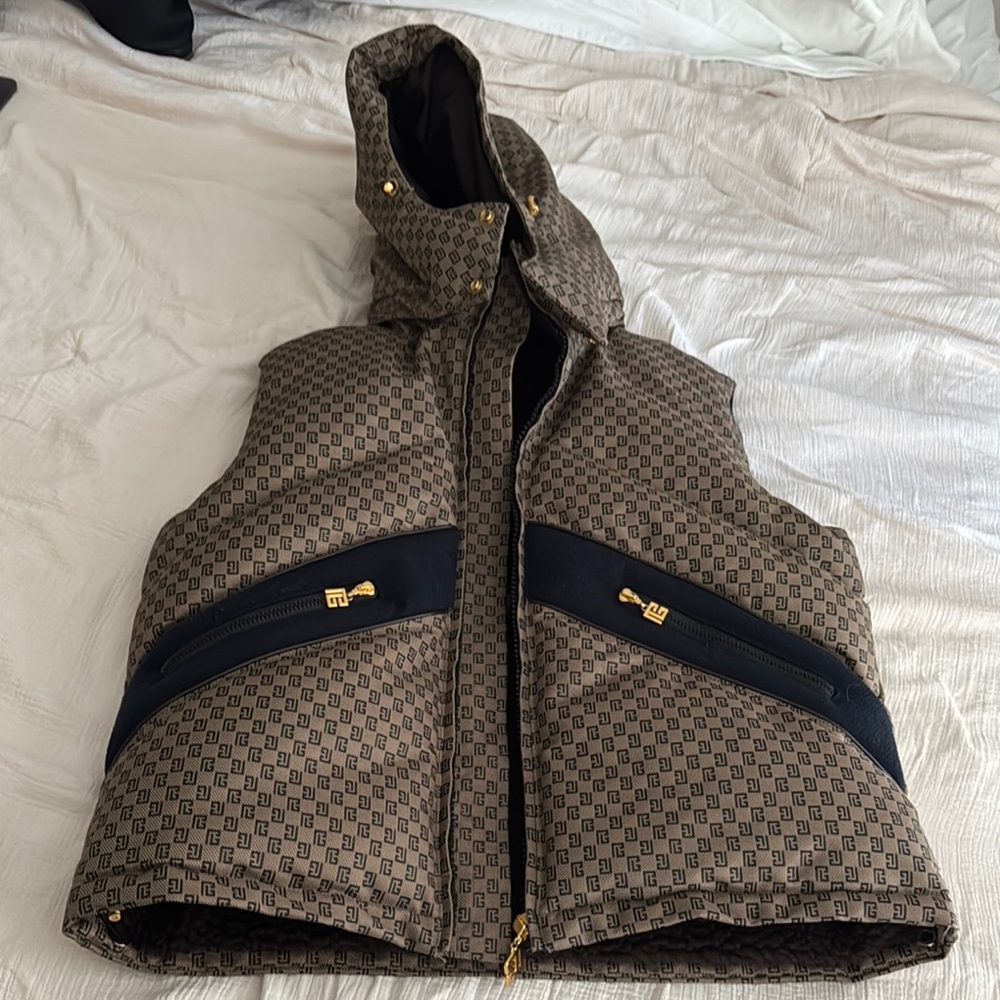 Balmain Jacket
 Patterned Hooded Vest with Gold Accents